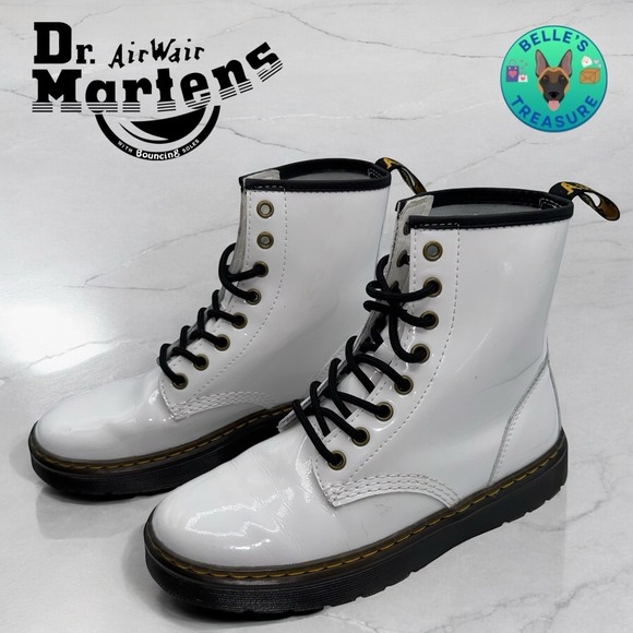 Dr. Martens Zavala Combat Boot‎ Women's 7 White Patent Leather 8 Eyelet Chunky